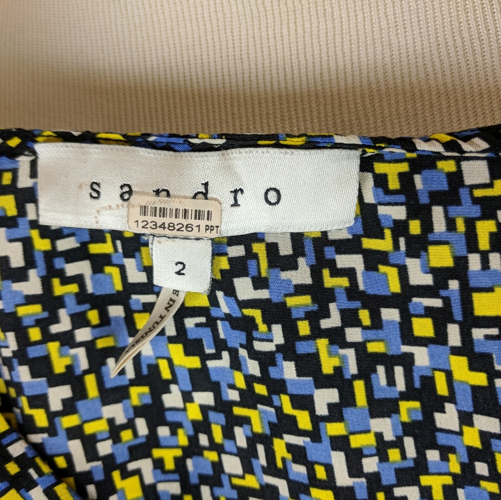 Sandro Paris Top Silk Blouse Geometric Pixel Print Luxury Designer Blue Black - Picture 7 of 8